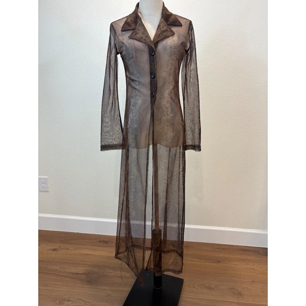 Vtg Y2K Sheer Duster M Brown Snake Skin Print Whimsigoth Goth Indie Grunge Boho - Picture 2 of 6